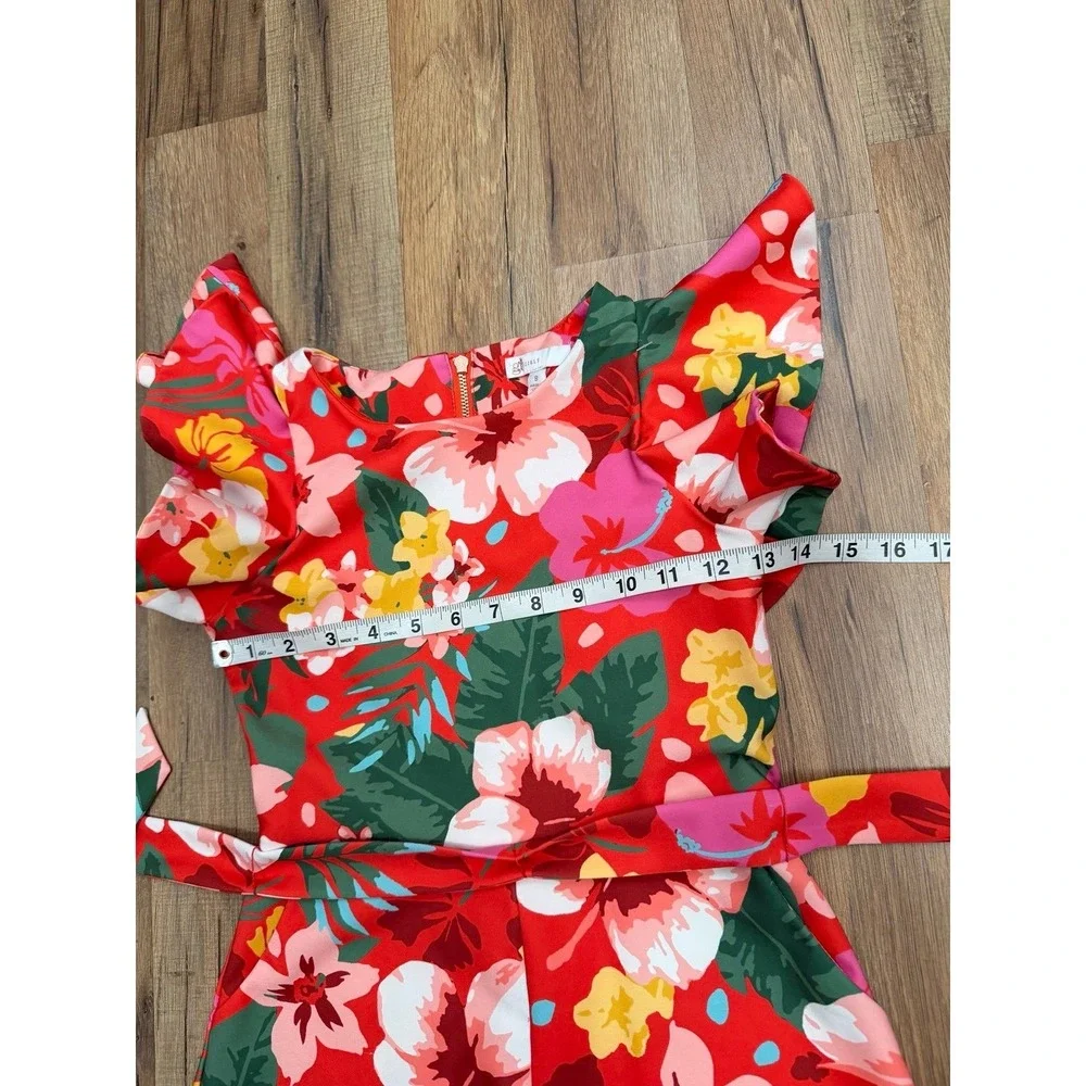 GB Girls Size 8 Floral Romper Red Ruffle Sleeve Belted Pockets Tropical